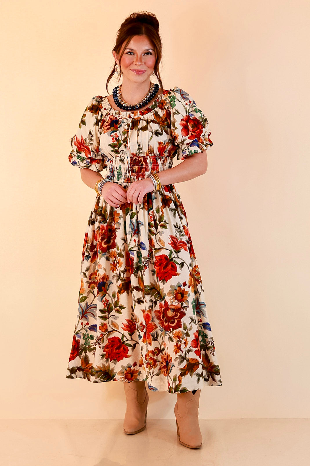 Autumn in the Air Puff Sleeve Smocked Waist Floral Print Tiered Midi Dress in Ivory Multi