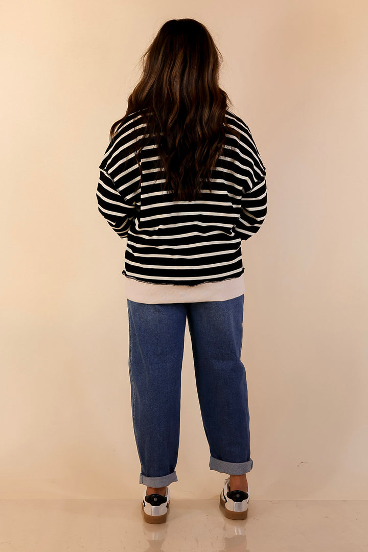 Casual Edge Long Sleeve Striped Henley Knit Top with Dropped Shoulders in Black with Ivory Stripes
