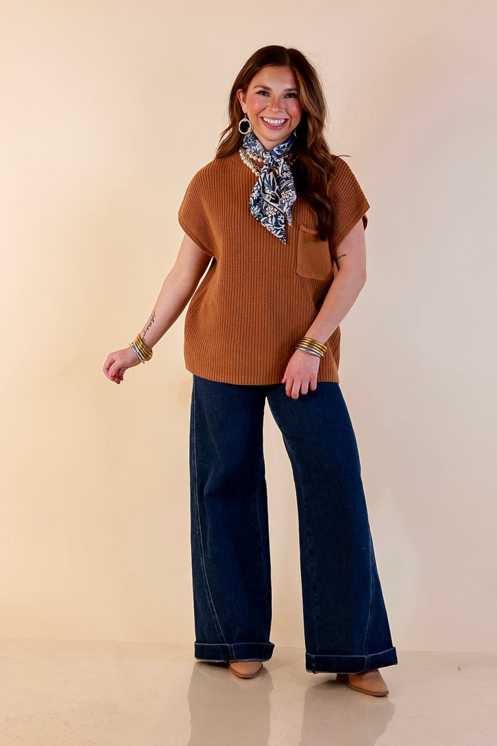 Repeat Ready Cap Sleeve Sweater with Front Pocket in Camel Brown