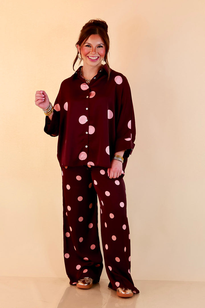 Two of a Kind Oversized Long Sleeve Button Down Blush Pink Polka Dot Blouse in Maroon