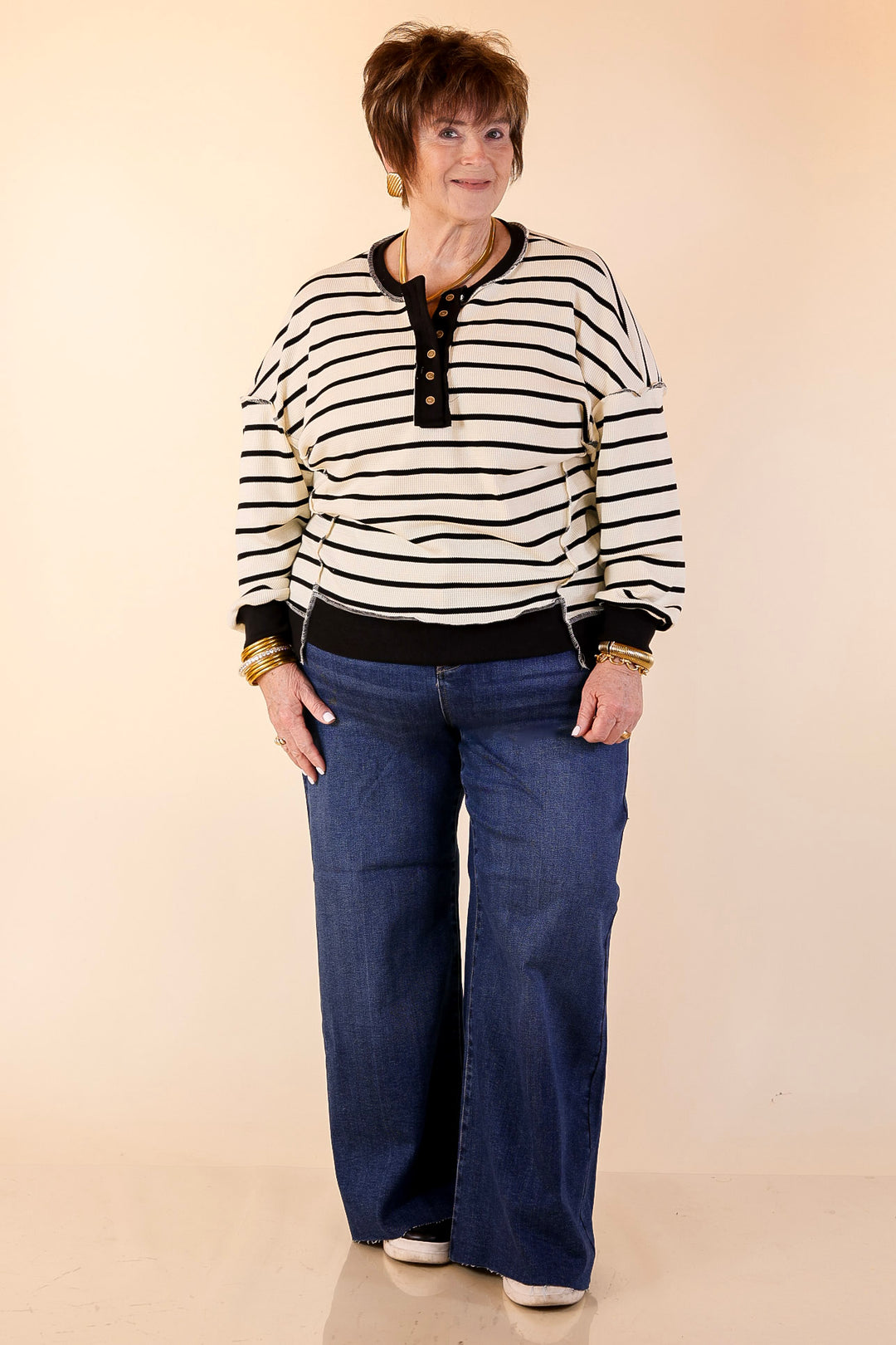 Casual Edge Long Sleeve Striped Henley Knit Top with Dropped Shoulders in Ivory with Black Stripes