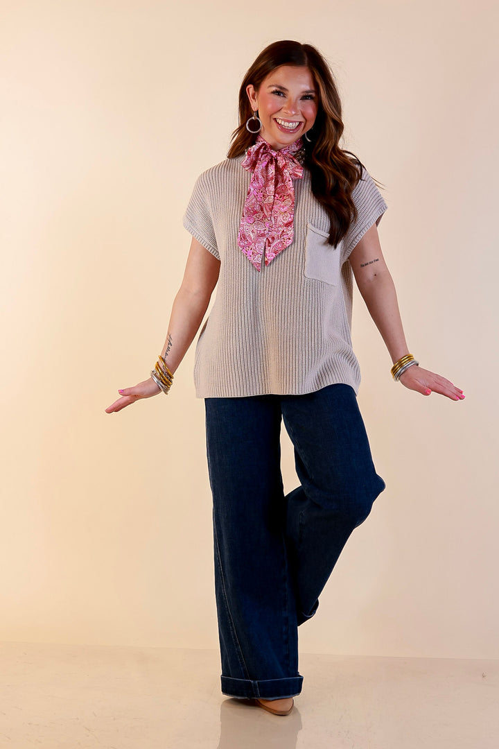 Repeat Ready Cap Sleeve Sweater with Front Pocket in Stone Beige