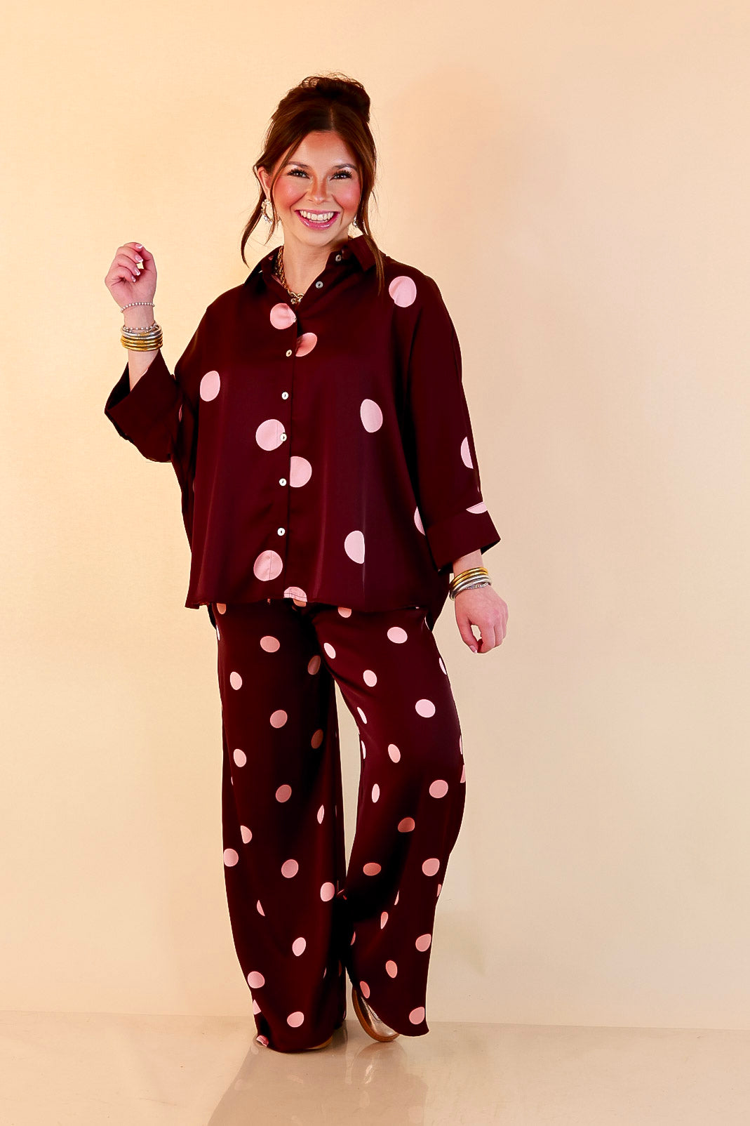 Two of a Kind Full Length Wide Leg Pull-On Drawstring Blush Pink Polka Dot Pants in Maroon