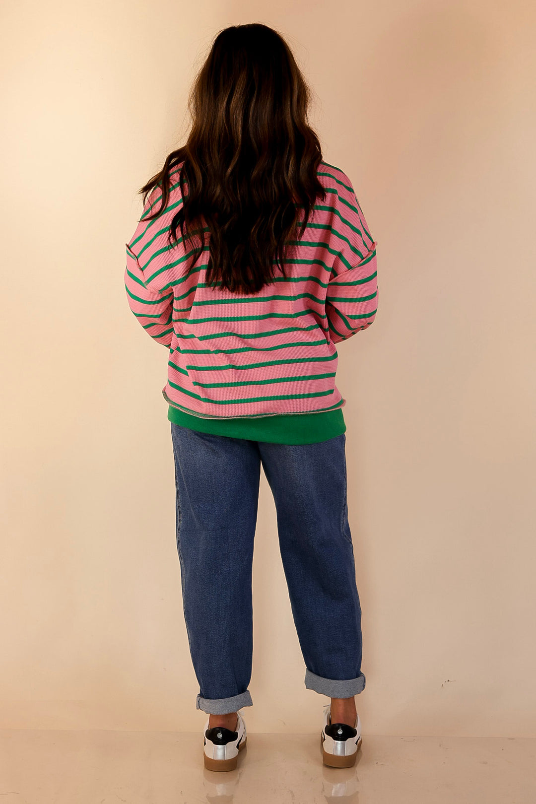 Casual Edge Long Sleeve Striped Henley Knit Top with Dropped Shoulders in Pink with Green Stripes