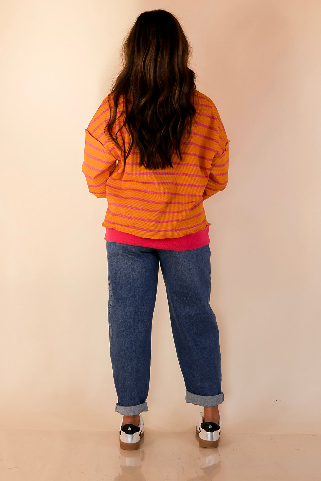 Casual Edge Long Sleeve Striped Henley Knit Top with Dropped Shoulders in Orange with Pink Stripes