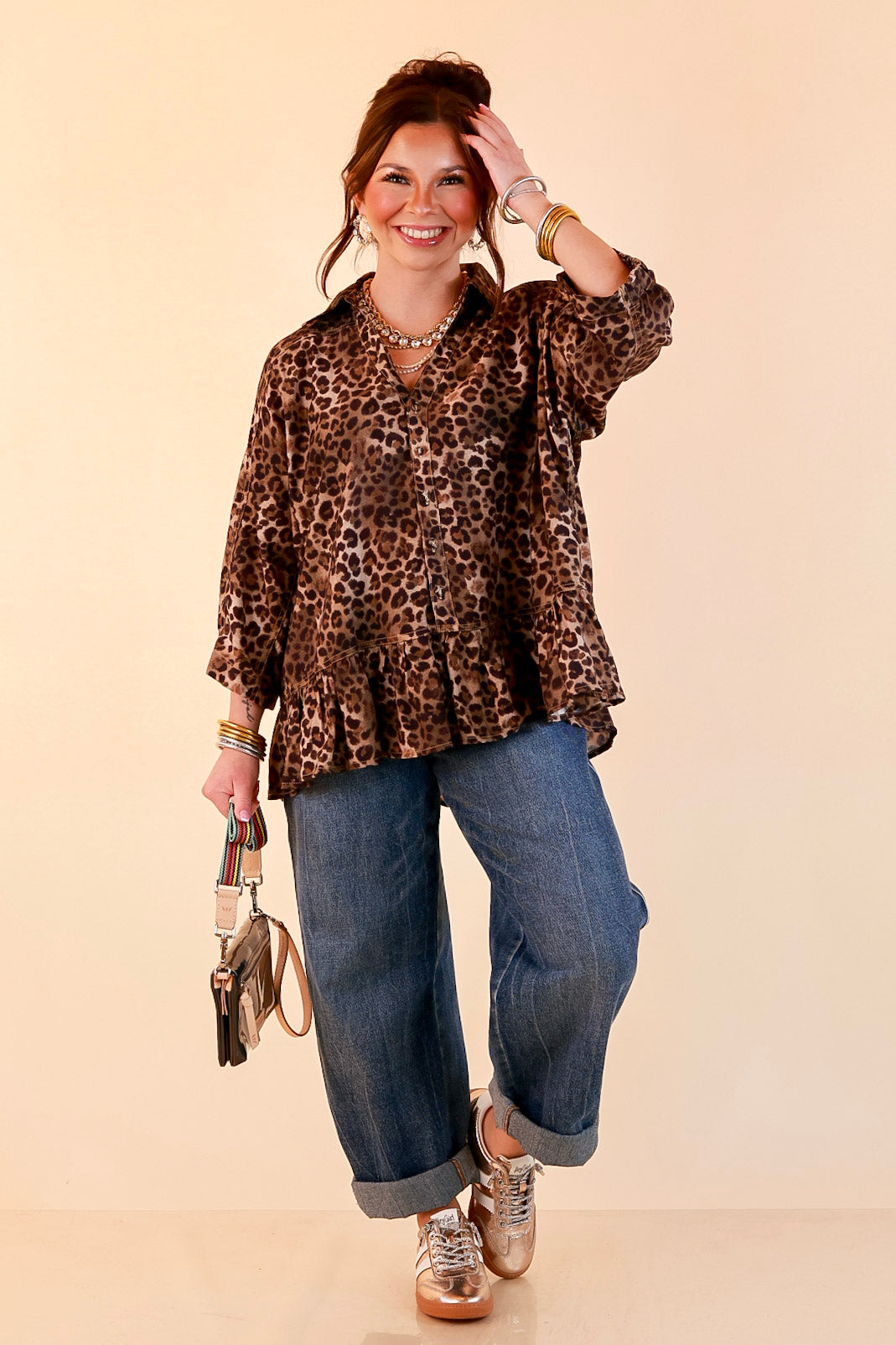 Quite the Impression Collared Button Front Leopard Print Peplum Top in Brown Multi