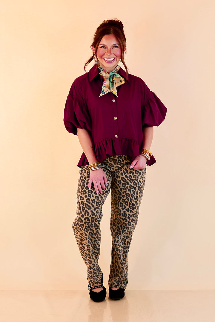 Style in Session Solid Button Down Peplum Bubble Sleeve Top in Maroon