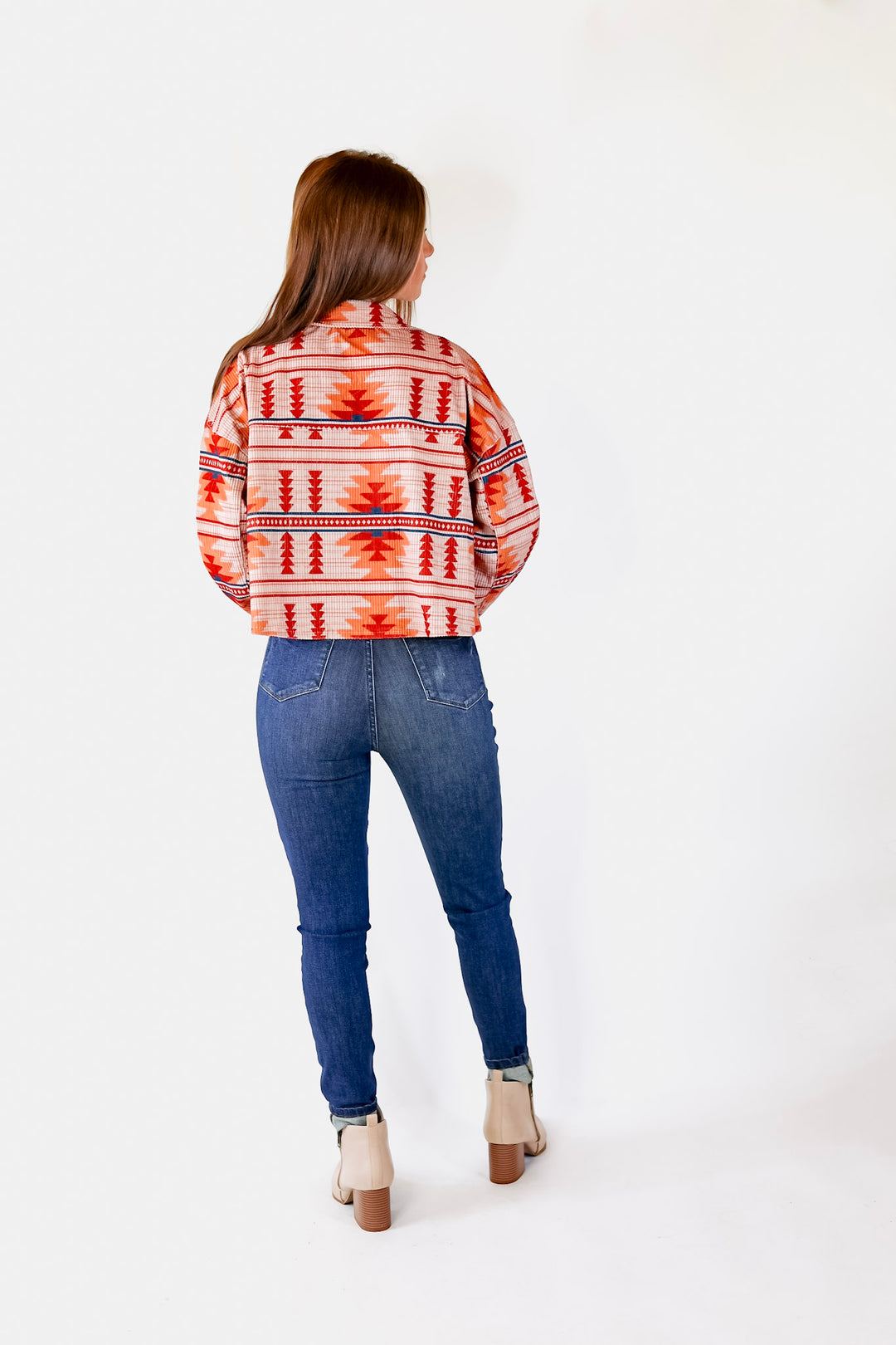 Chic Discovery Button Up Corduroy Aztec Print Jacket with Crystal Fringe in Orange Mix - Giddy Up Glamour Boutique