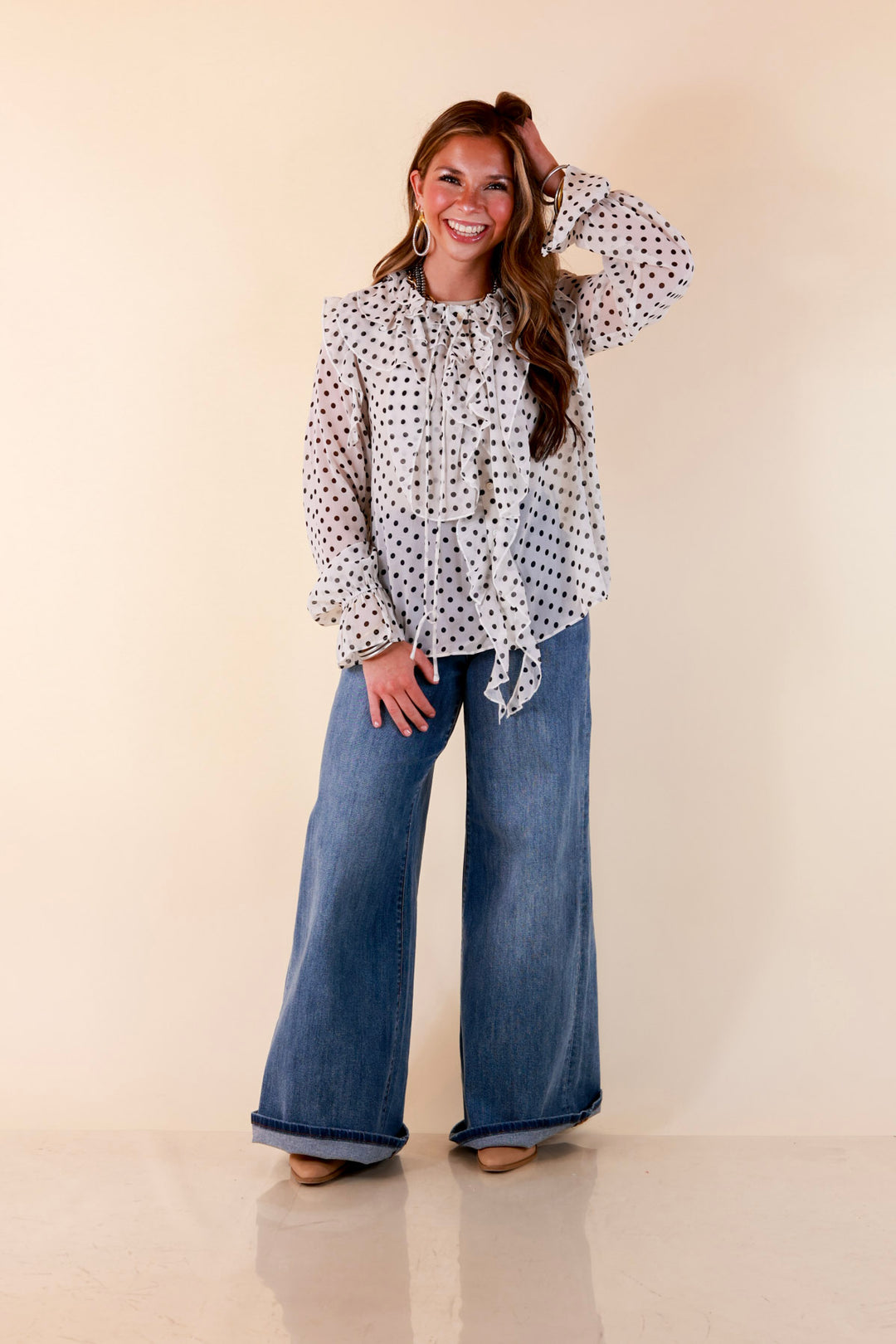 Finer Things Long Sleeve Sheer Ruffle Polka Dot Print Blouse with Balloon Sleeves in White with Black Dots