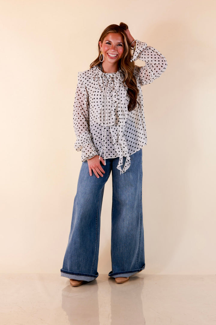 Finer Things Long Sleeve Sheer Ruffle Polka Dot Print Blouse with Balloon Sleeves in White with Black Dots