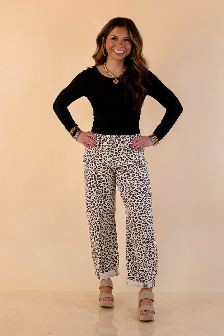 Risen | Wild Intentions Leopard Print Barrel Jeans in Ivory and Brown