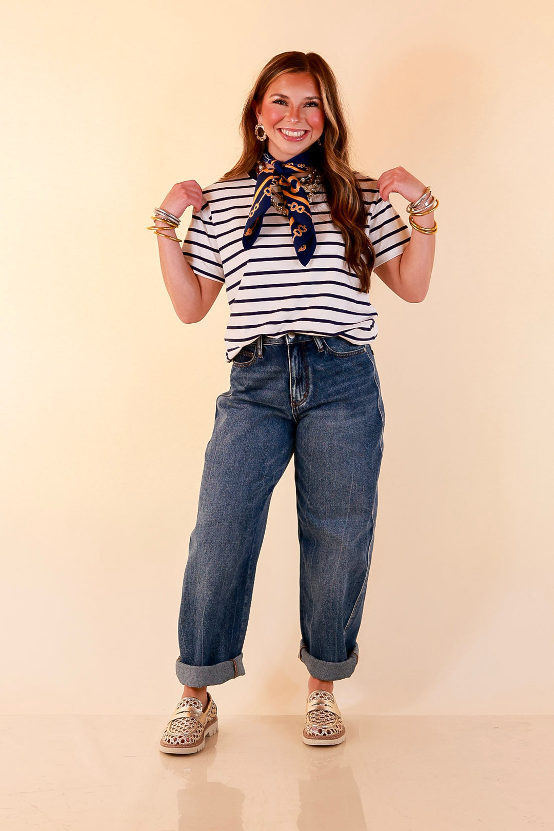 The Daily Stripe Scoop Neck Short Sleeve Striped Tee Top in Navy Blue