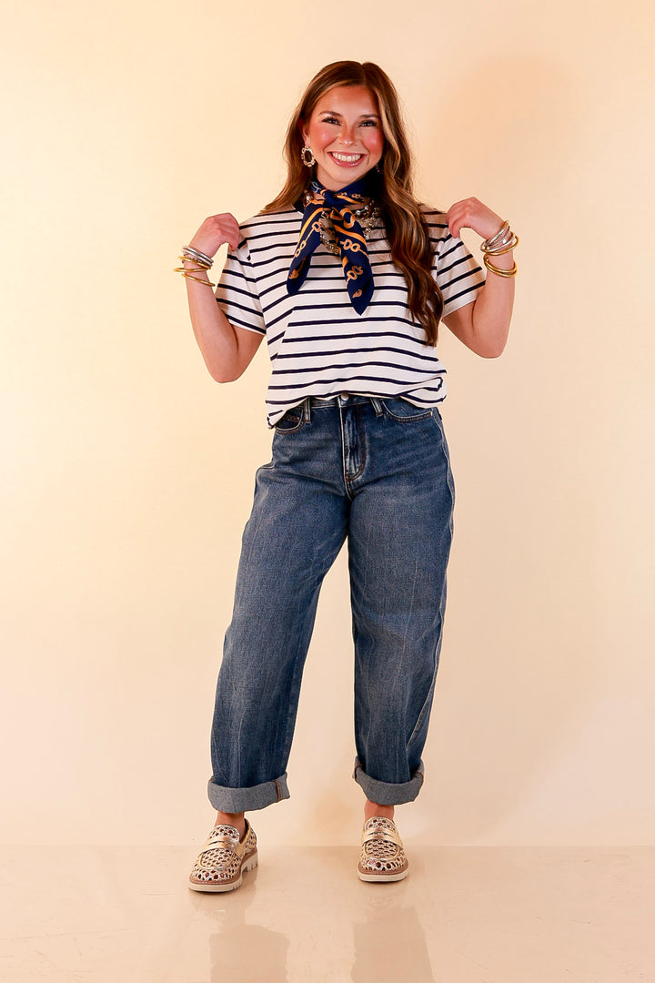 The Daily Stripe Scoop Neck Short Sleeve Striped Tee Top in Navy Blue