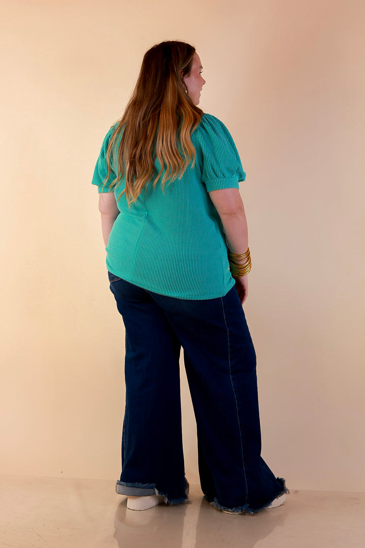 Sweet Sophistication Puff Short Sleeve Ribbed Top with Scoop Neck in Turquoise Blue