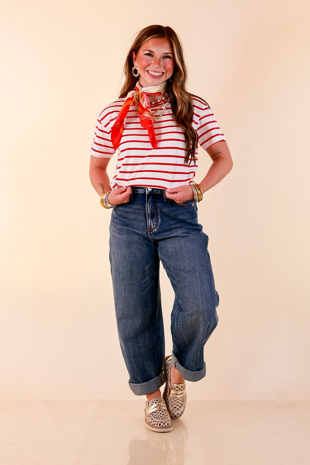 The Daily Stripe Scoop Neck Short Sleeve Striped Tee Top in Red