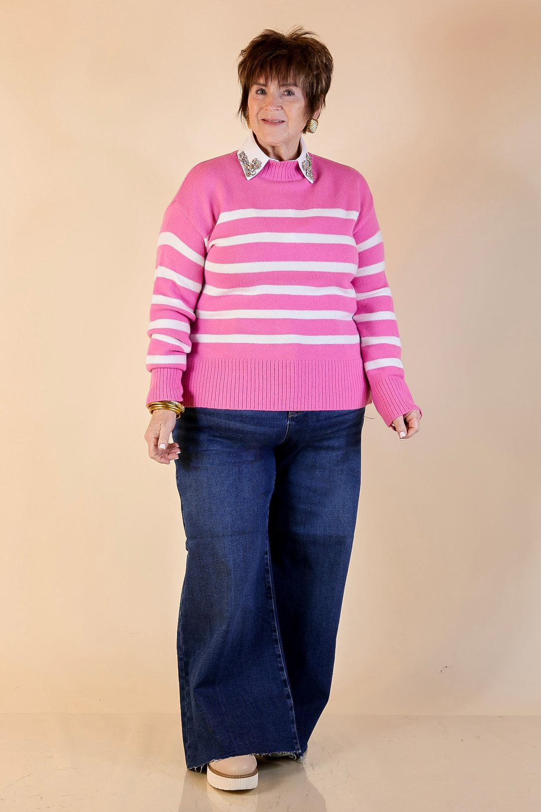 Chilly Day Charm Mock Neck Long Sleeve High-Low Striped Sweater in Pink with Ivory Stripes