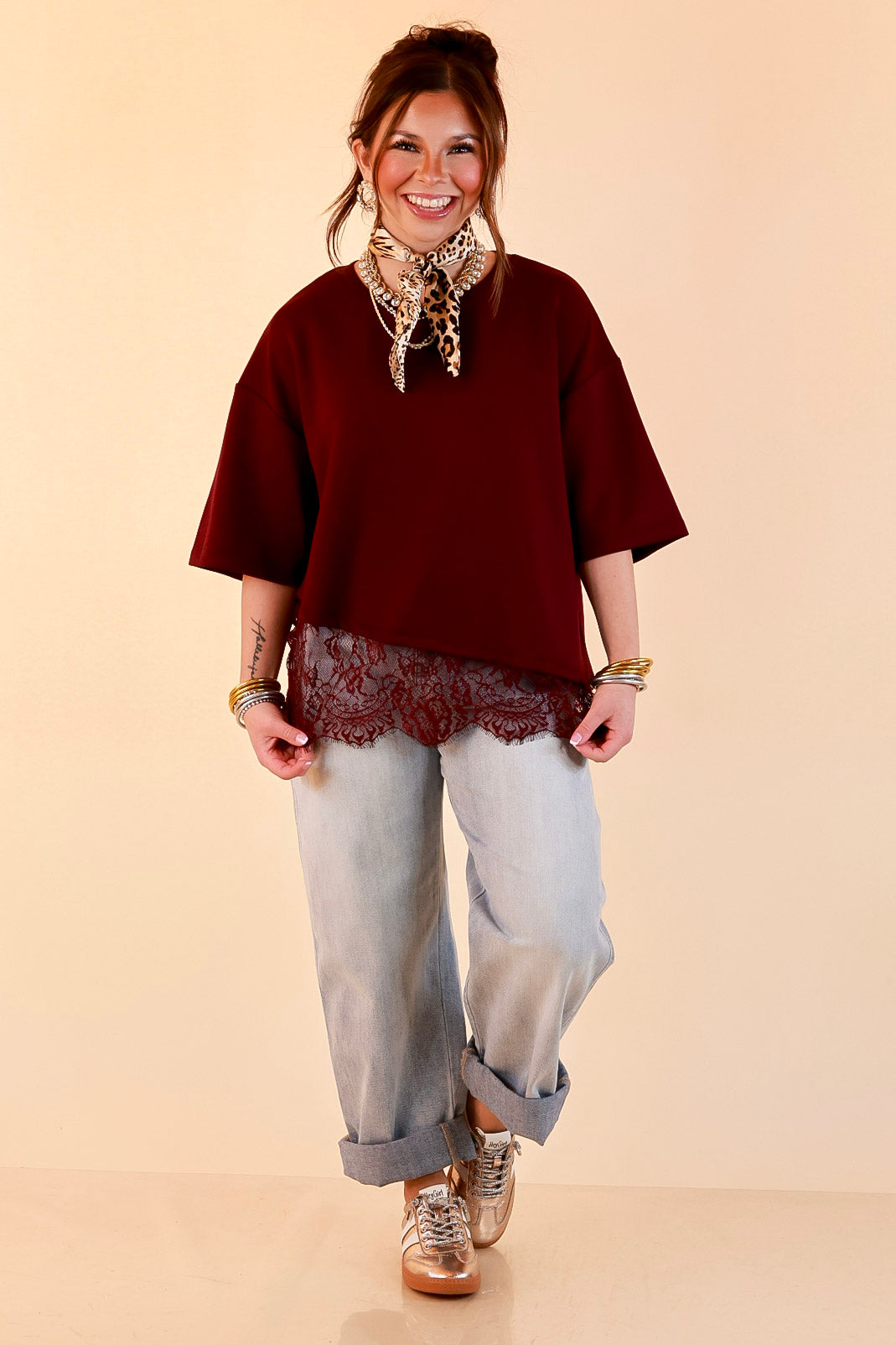 Laced with Charm Oversized Asymmetrical Lace Trim Boxy Top in Maroon