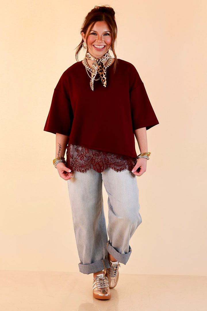 Laced with Charm Oversized Asymmetrical Lace Trim Boxy Top in Maroon