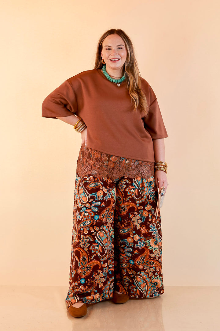 Laced with Charm Oversized Asymmetrical Lace Trim Boxy Top in Coco Brown