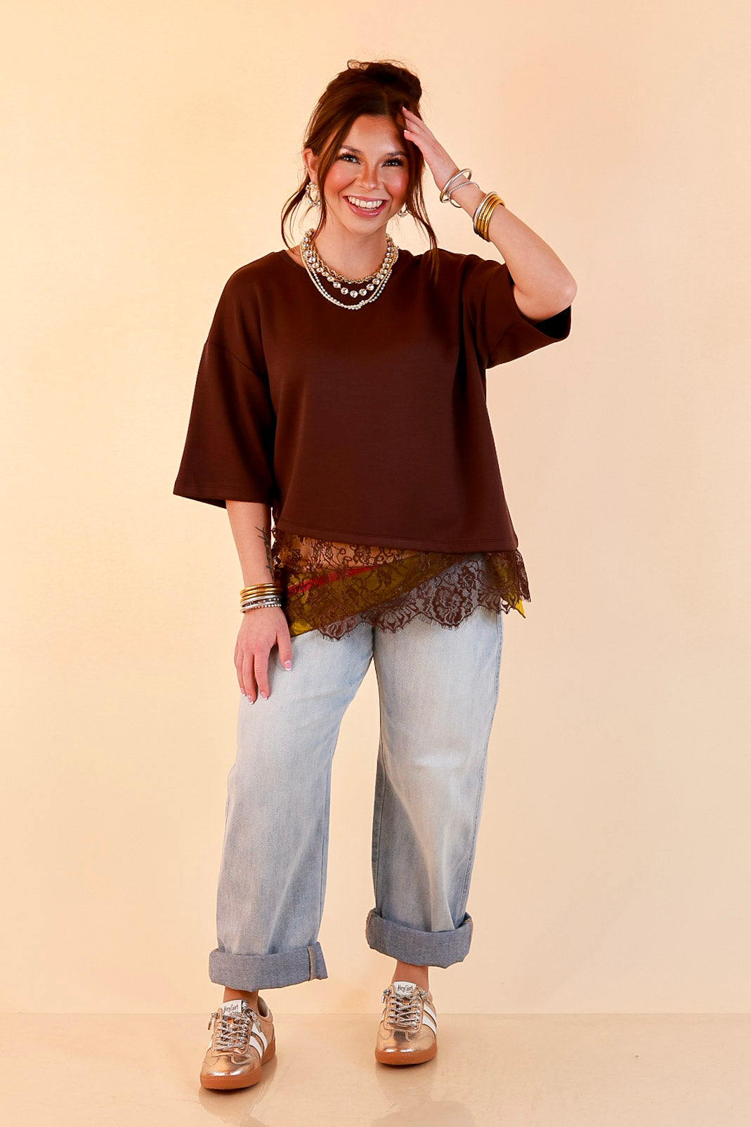 Laced with Charm Oversized Asymmetrical Lace Trim Boxy Top in Chocolate Brown