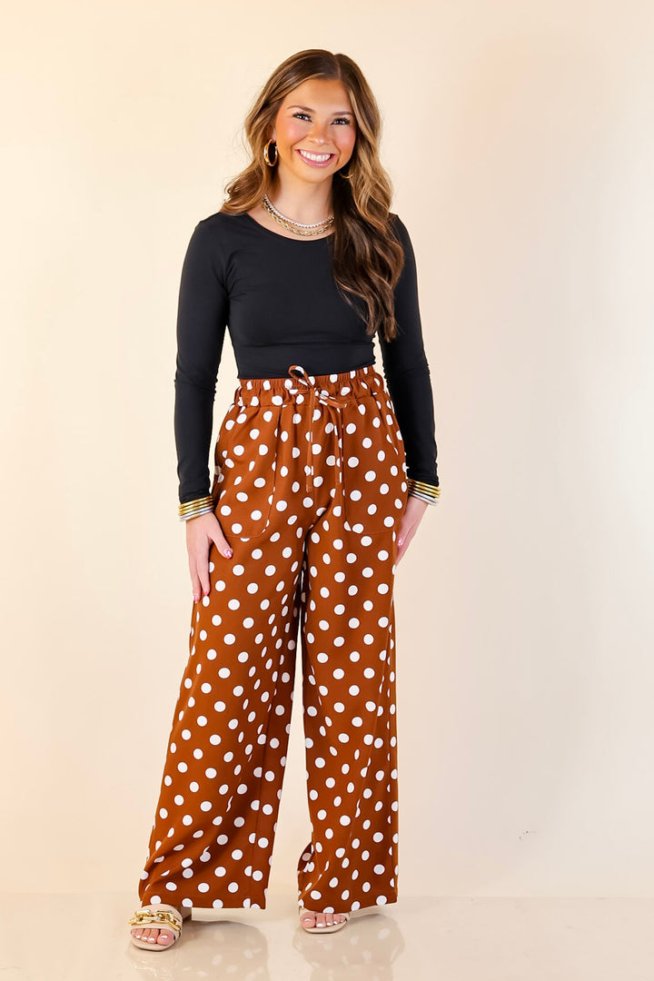 Pairs Well with Others Polka Dot Print Drawstring Pants with Elastic Waistband in Brown