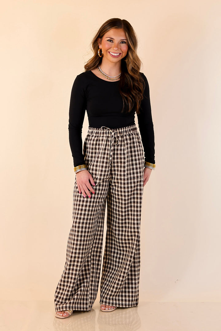 Pairs Well with Others Plaid Checkered Print Drawstring Pants with Elastic Waistband in Ivory