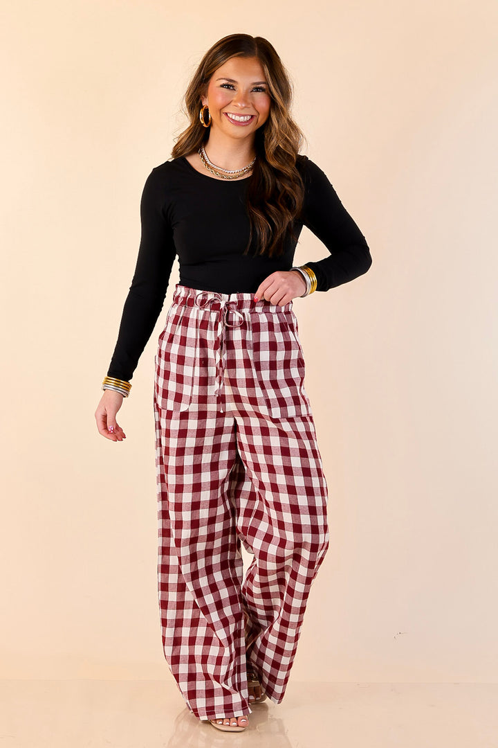 Pairs Well with Others Gingham Print Drawstring Pants with Elastic Waistband in Ivory and Maroon