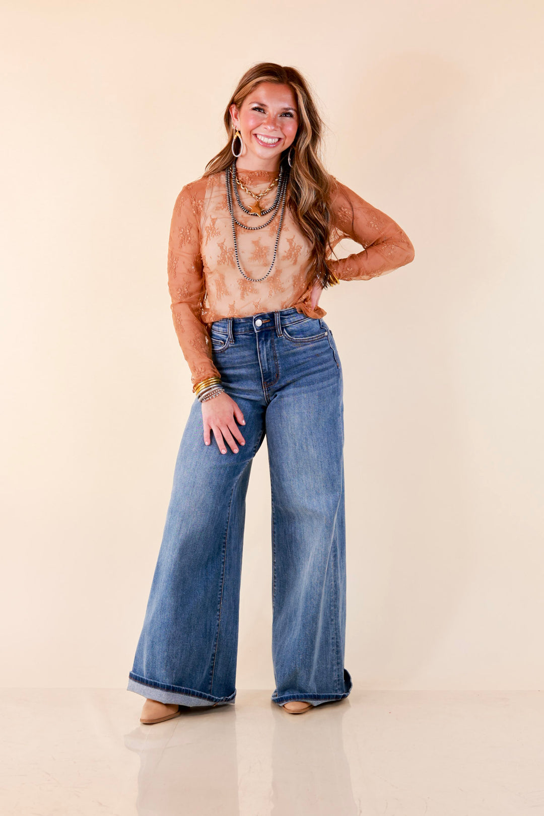 Delicate Charm Long Sleeve Sheer Lace Top with Mock Neck in Camel Brown