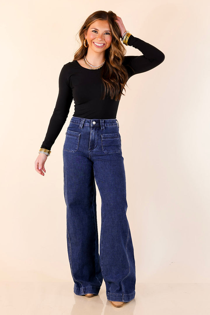 Judy Blue | Front and Center Front Patch Pocket Retro Wide Leg Trouser Jean in Dark Wash