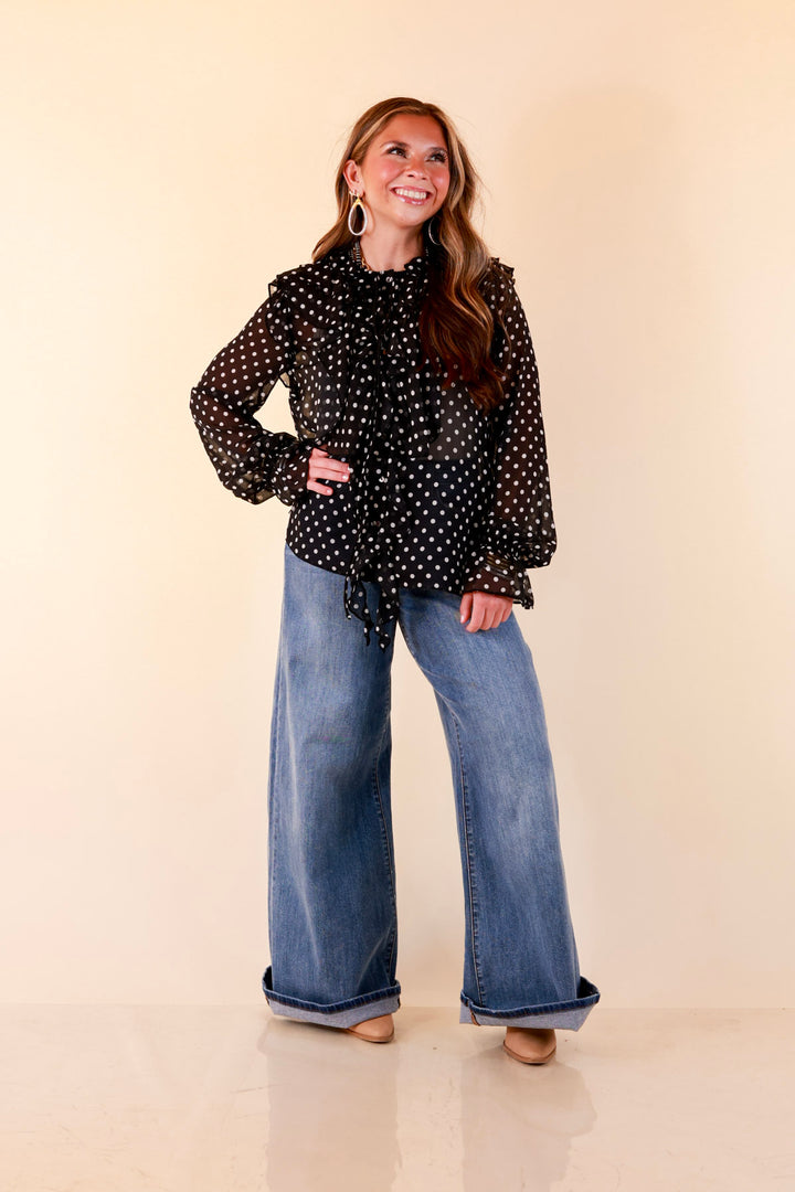 Finer Things Long Sleeve Sheer Ruffle Polka Dot Print Blouse with Balloon Sleeves in Black with White Dots
