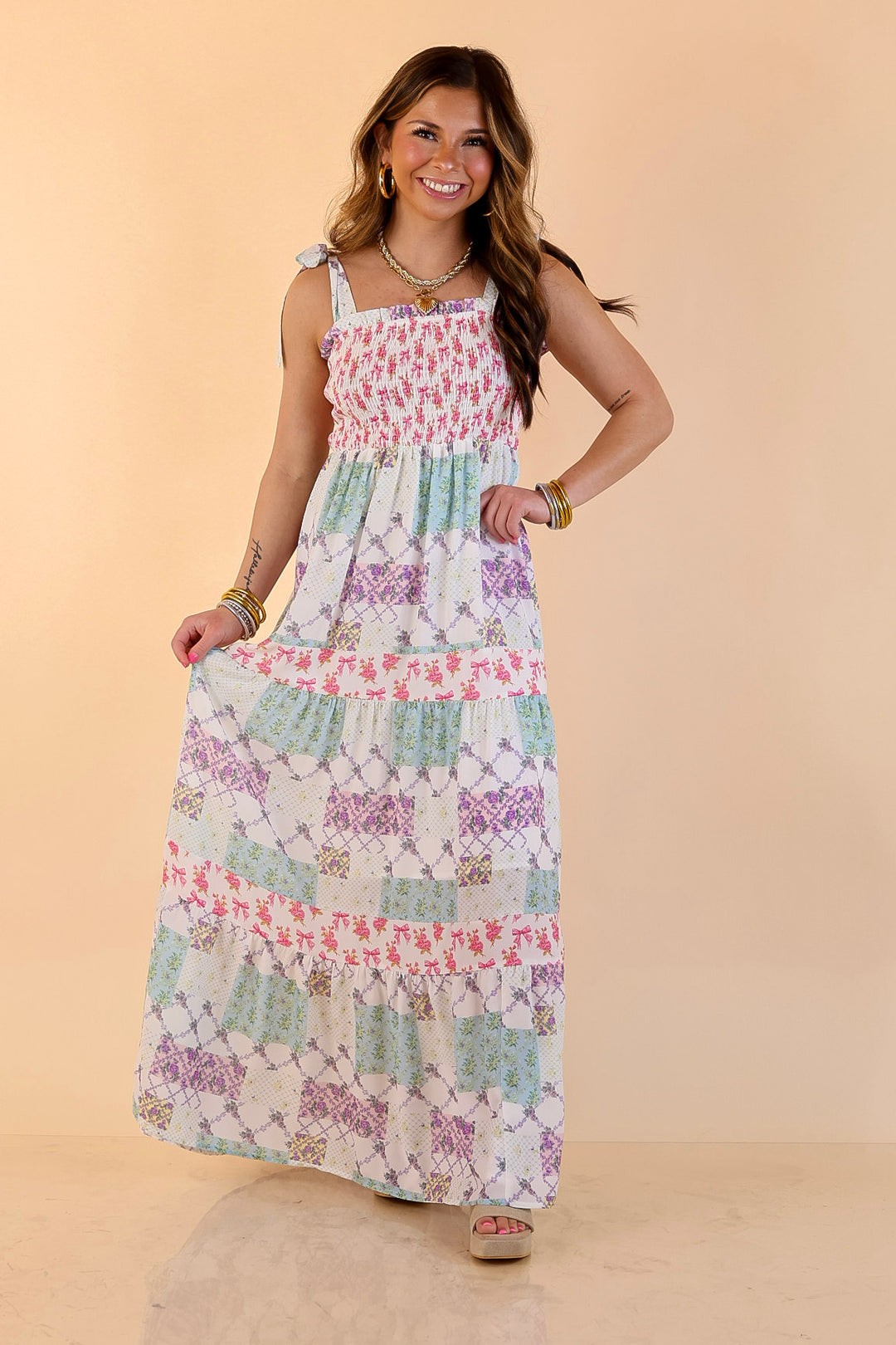 Simply Southern | Spring Symphony Patchwork Print Smocked Maxi Dress with Shoulder Ties and Tiered Skirt in Multi Floral