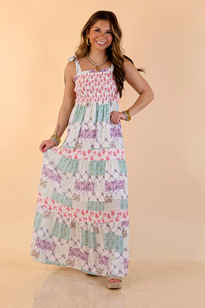 Simply Southern | Spring Symphony Patchwork Print Smocked Maxi Dress with Shoulder Ties and Tiered Skirt in Multi Floral