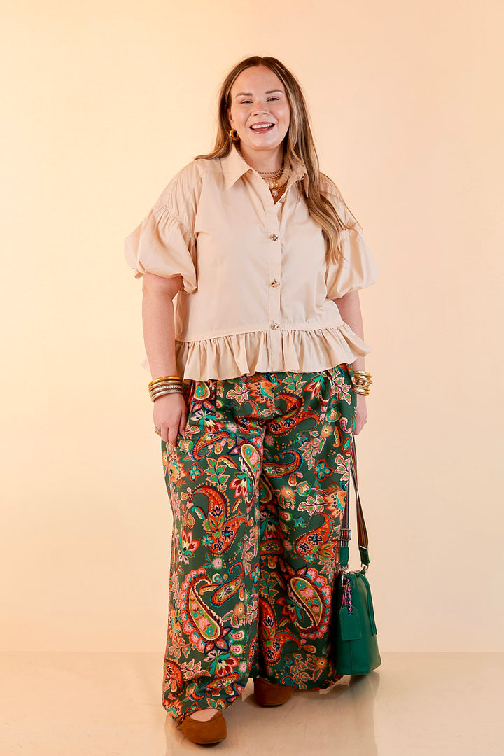 Style in Session Solid Button Down Peplum Bubble Sleeve Top in Ivory