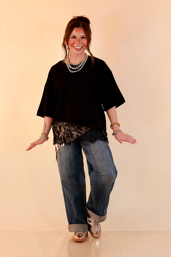 Laced with Charm Oversized Asymmetrical Lace Trim Boxy Top in Black