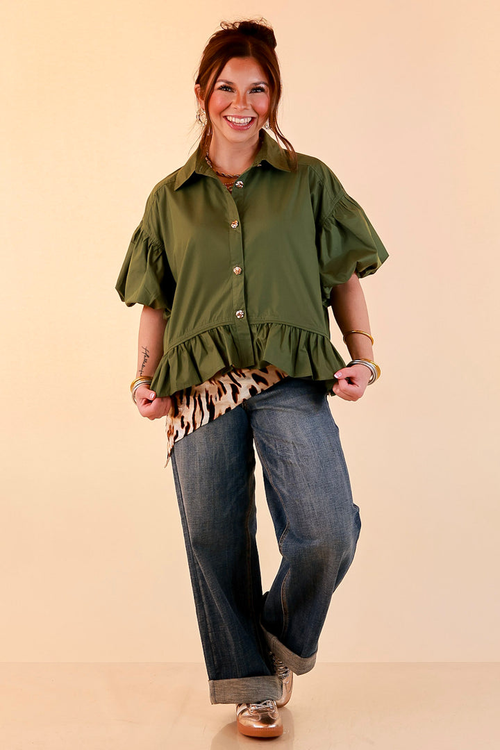 Style in Session Solid Button Down Peplum Bubble Sleeve Top in Olive Green