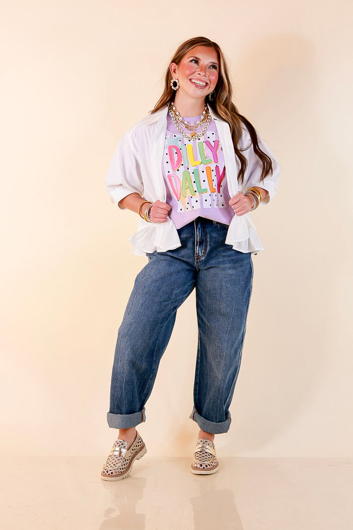 Here for the Fun "Dilly Dally" Stripe, Star and Polka Dot Print Short Sleeve Graphic Tee in Lavender Purple