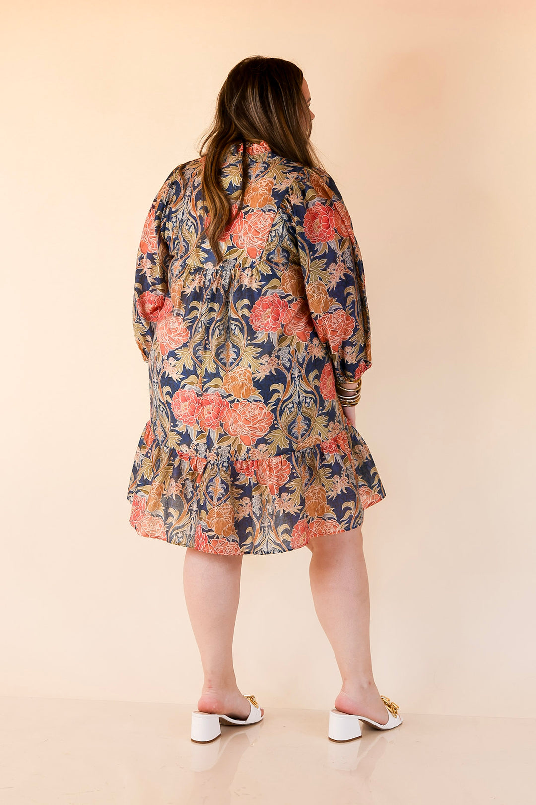 Blooming Days Ahead Floral Print V Neck Dress with Ruffle Trim Collar in Navy Mix