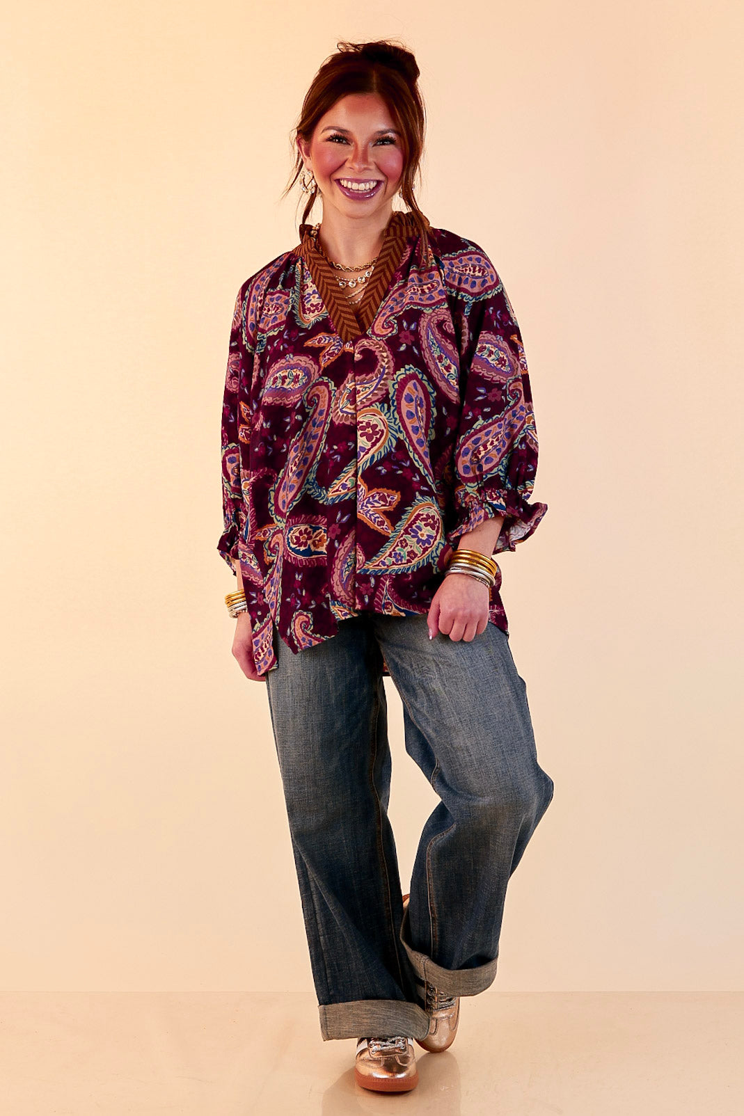 Caught My Eye Ruffle Contrast Stripe Detail Neck Balloon Sleeve Paisley Print Blouse in Plum Purple Mix