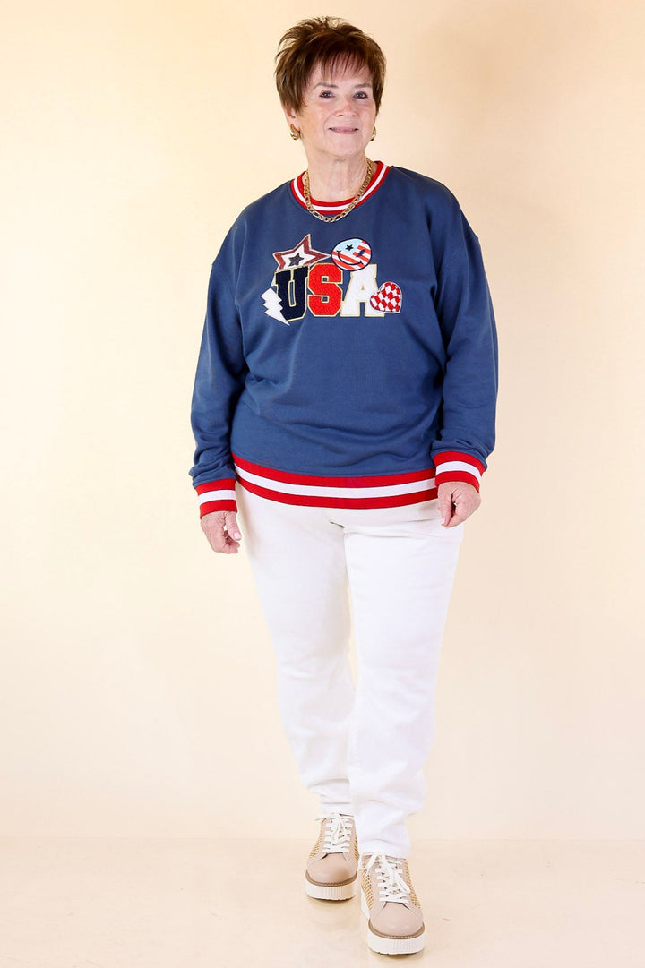 Simply Southern | Shining in the USA Crew Neck Patch Graphic Sweatshirt in Navy Blue