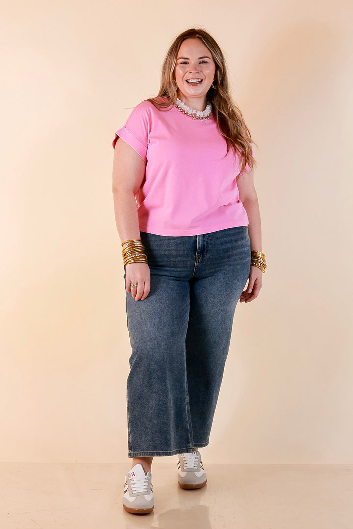 Easy Chic Mineral Washed Short Sleeve Cropped Tee in Candy Pink