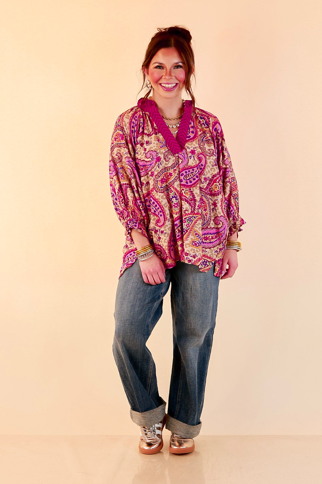 Caught My Eye Ruffle Contrast Stripe Detail Neck Balloon Sleeve Paisley Print Blouse in Fuchsia Pink Multi