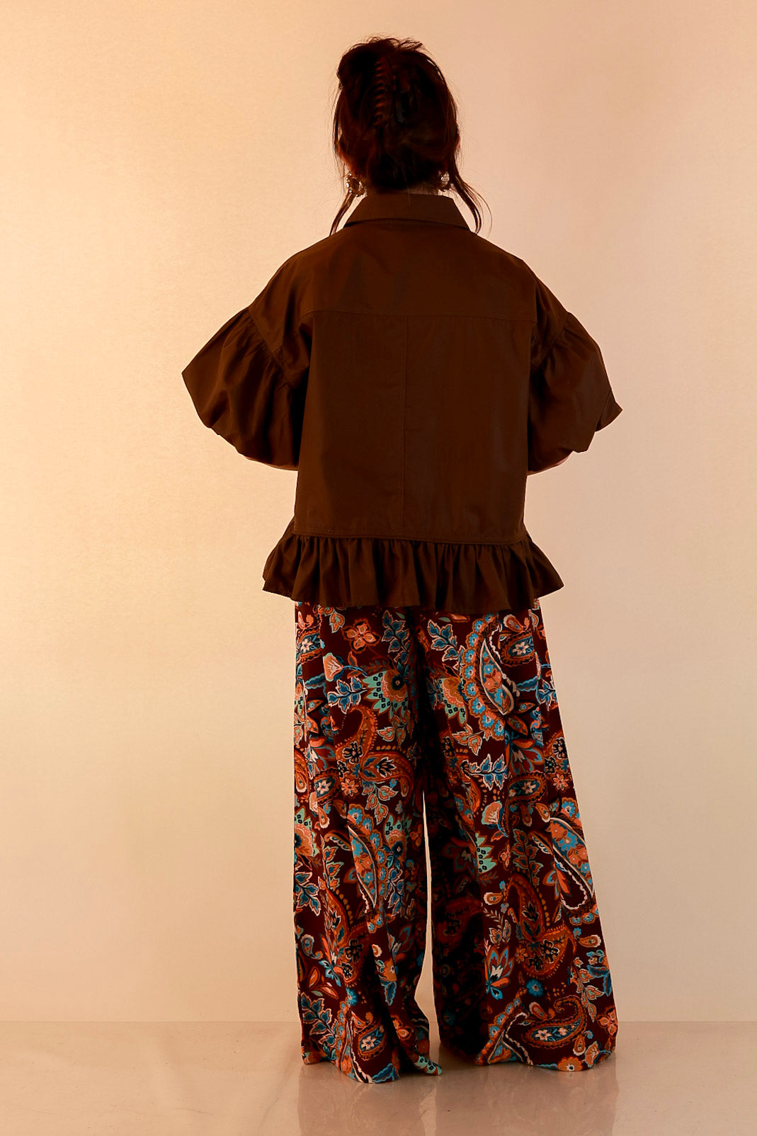 Style in Session Solid Button Down Peplum Bubble Sleeve Top in Chocolate Brown