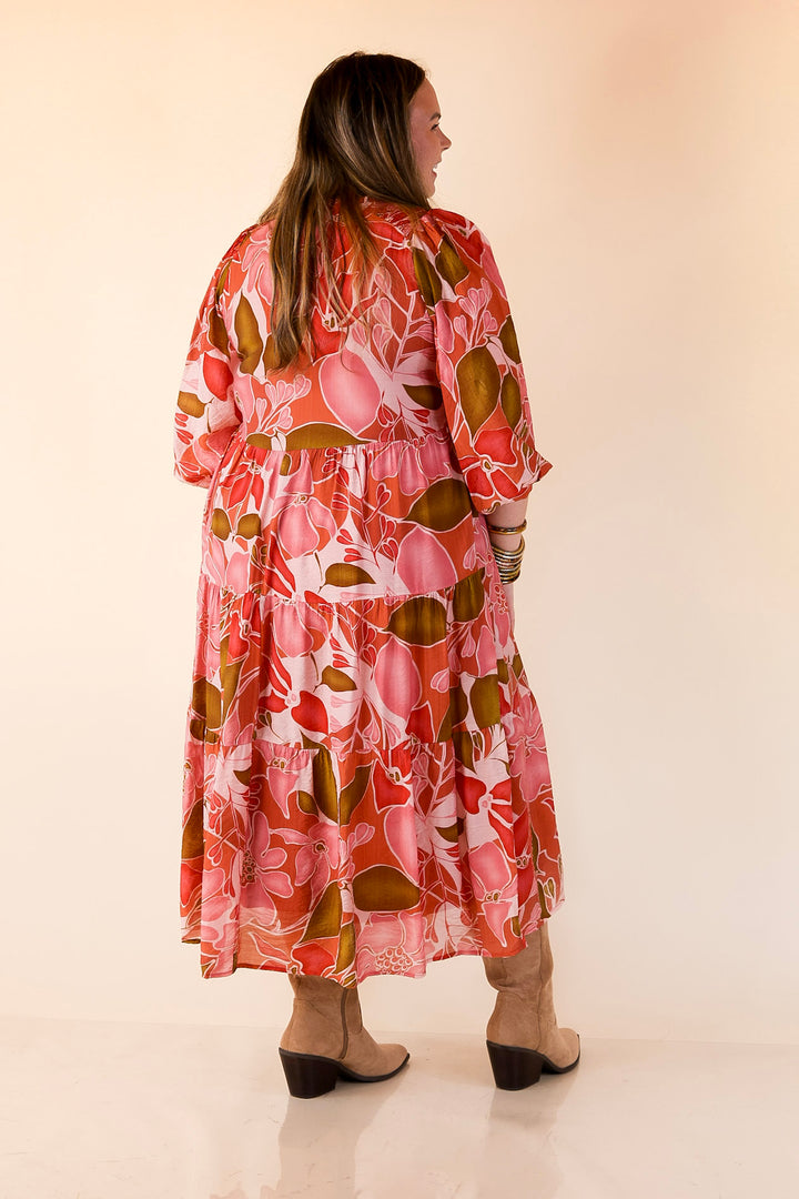 Budding Beauty Floral Print Midi Dress in Pink and Olive Green Mix