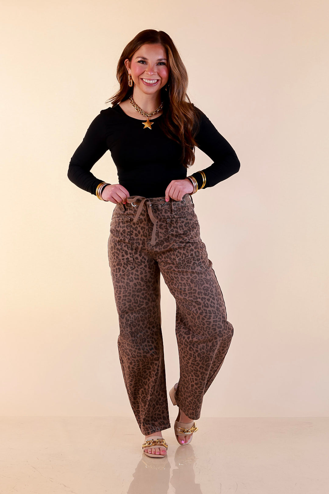 Risen | Easy Statement Leopard Print Drawstring Denim Barrel Jeans in Brown