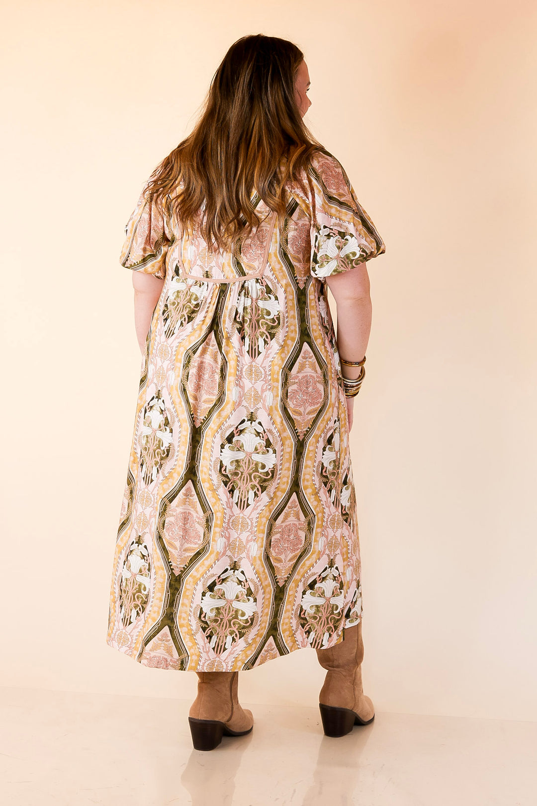 Whimsical Wonder Floral Abstract Print Collared Midi Dress in Pink and Olive Green Mix