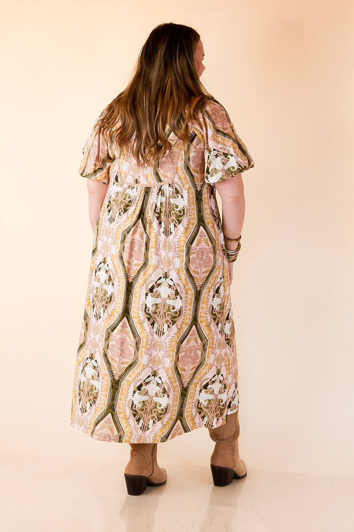 Whimsical Wonder Floral Abstract Print Collared Midi Dress in Pink and Olive Green Mix