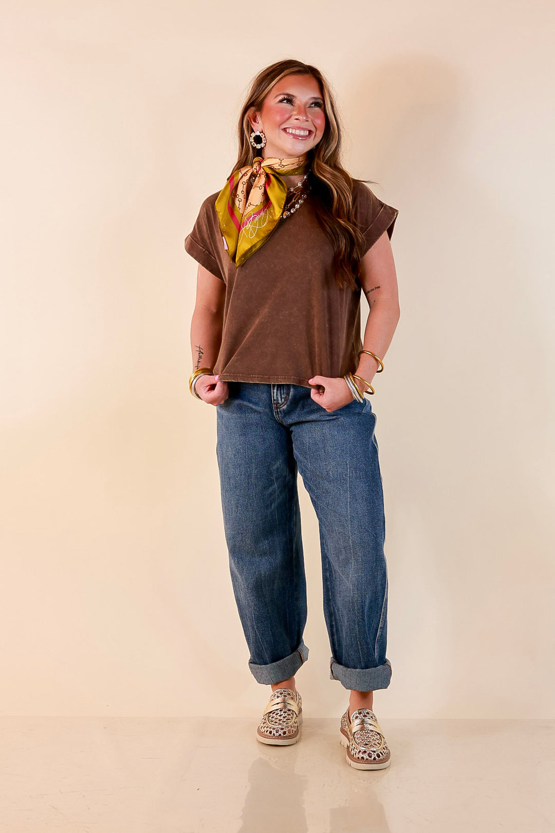 Easy Chic Mineral Washed Short Sleeve Cropped Tee in Chocolate Brown