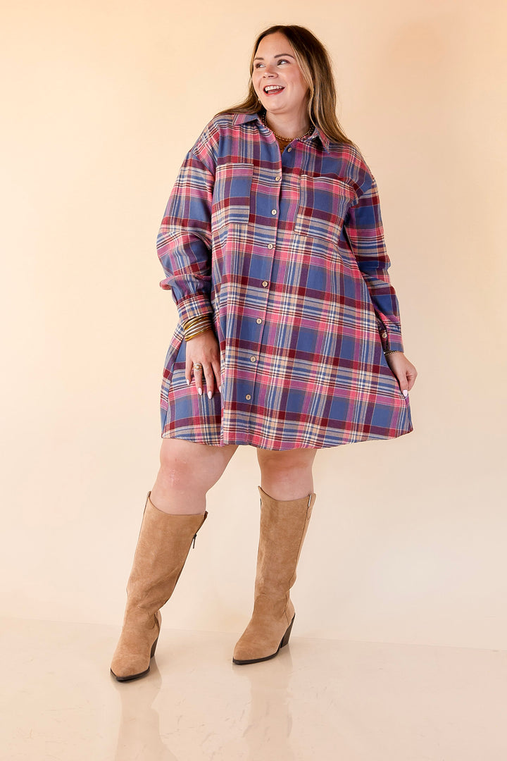 Vibrant Lifestyle Plaid Button Up Dress in Dusty Blue and Pink