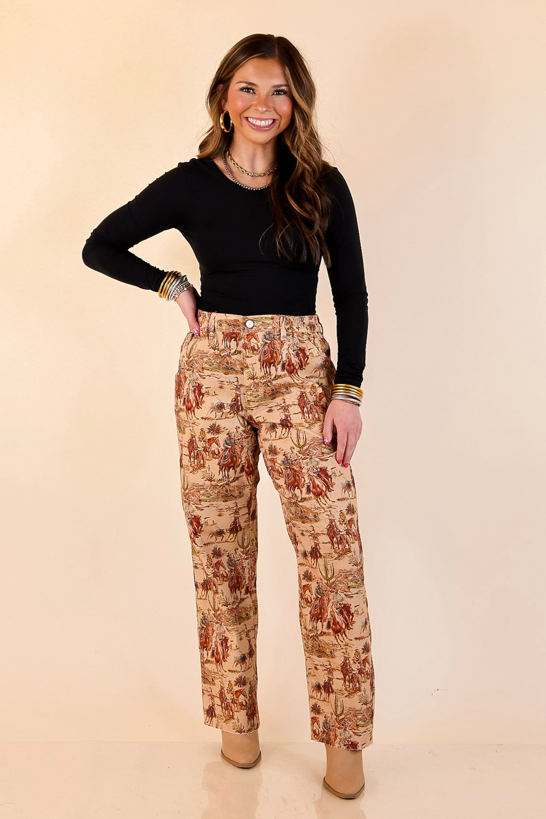 Story of the West Straight Leg Raw Hem Western Print Pants in Taupe Brown
