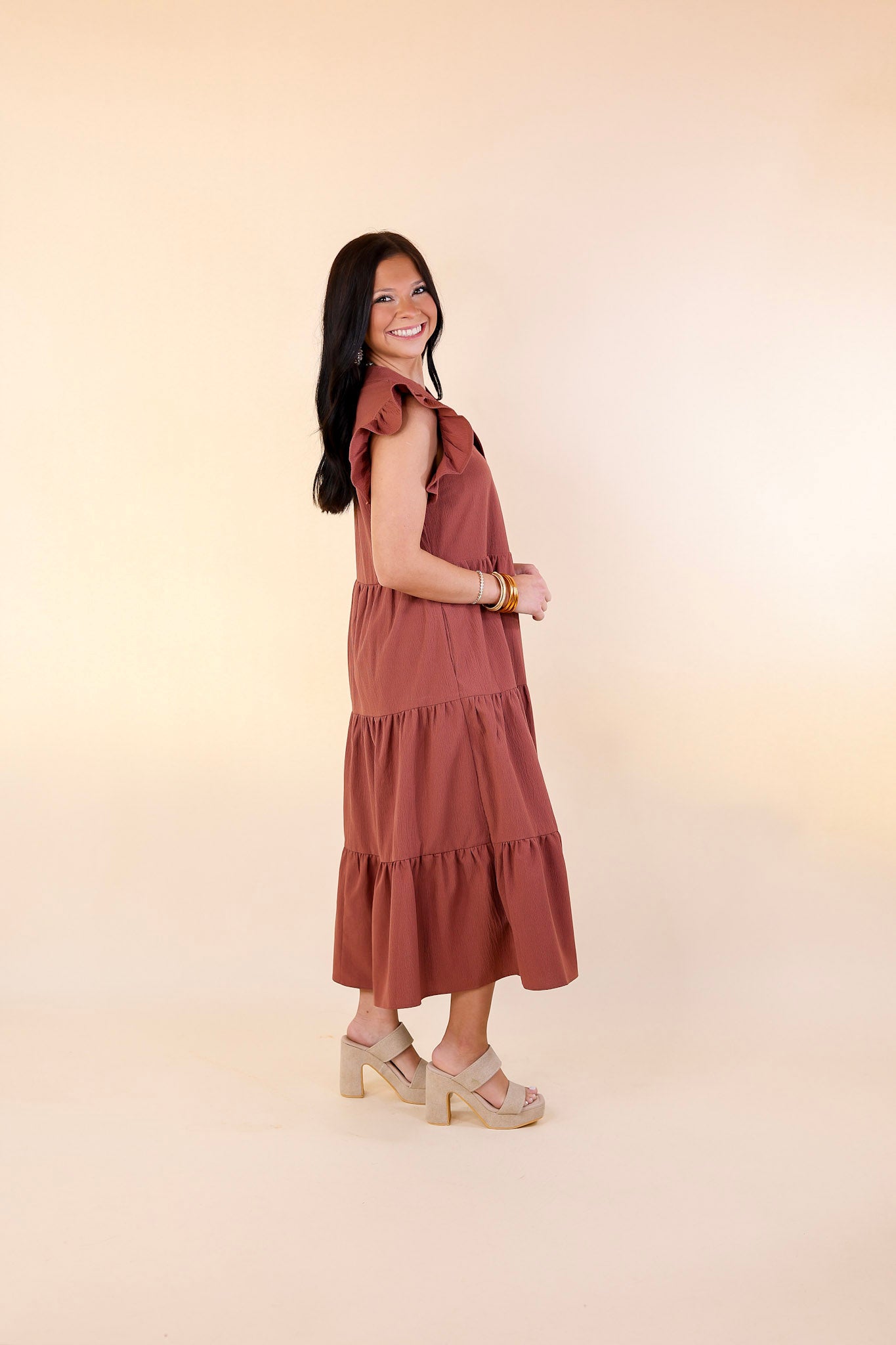 Magnolia Morning Ruffle Cap Sleeve Tiered Midi Dress in Cinnamon (Rust/Clay/Brown)